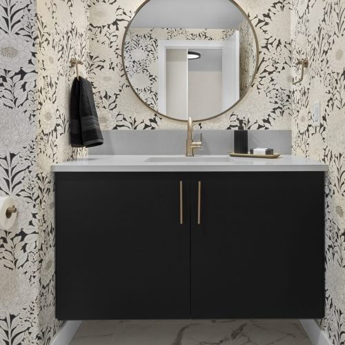 quarts countertops in the bathroom at the penthouse in edmonton