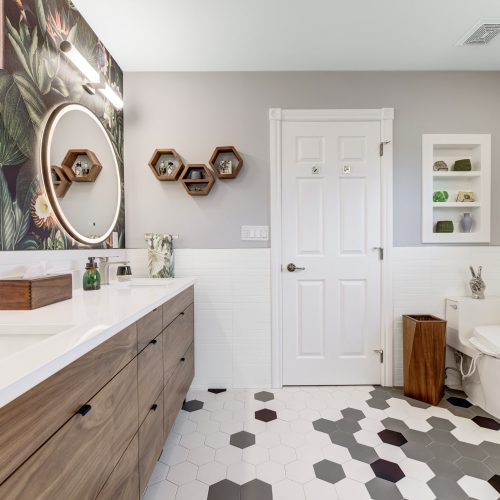 quartz countertops and warm American walnut cabinets edmonton