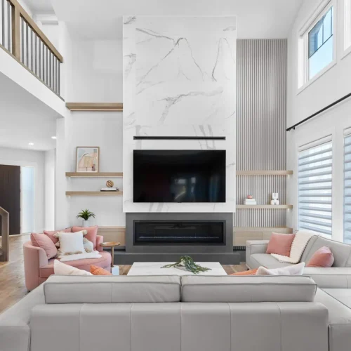 vertical slat wall with coordinating custom cabinets edmonton area